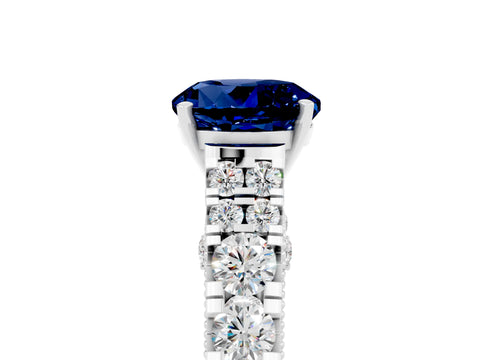 White gold Round Cut Blue Sapphire Classic Solitaire Ring with Pavé Band and Four-Prong Setting_5