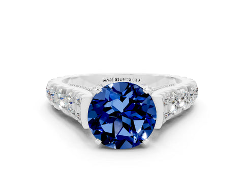 White gold Round Cut Blue Sapphire Classic Solitaire Ring with Pavé Band and Four-Prong Setting