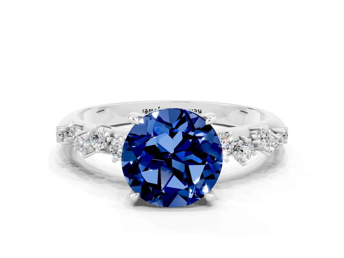 White gold Round Cut Blue Sapphire Cluster Side Stone Solitaire Ring with Prong Setting_24