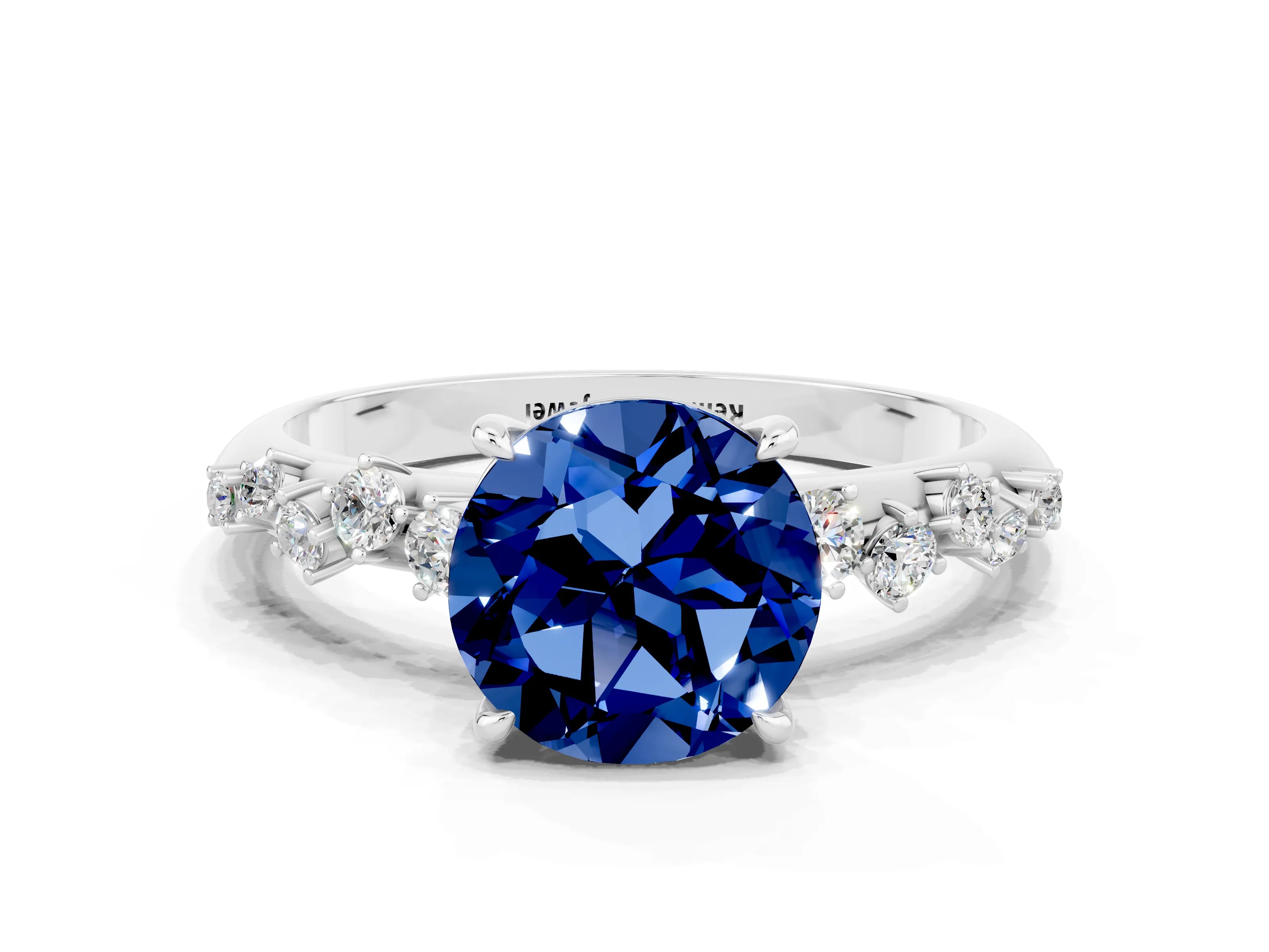 White gold Round Cut Blue Sapphire Cluster Side Stone Solitaire Ring with Prong Setting_24