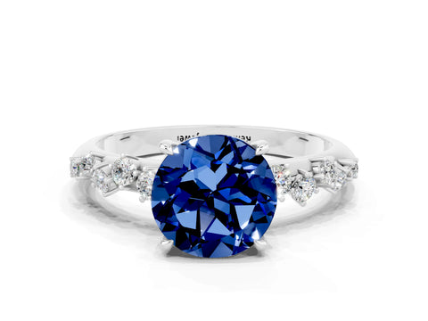 White gold Round Cut Blue Sapphire Cluster Side Stone Solitaire Ring with Prong Setting_24