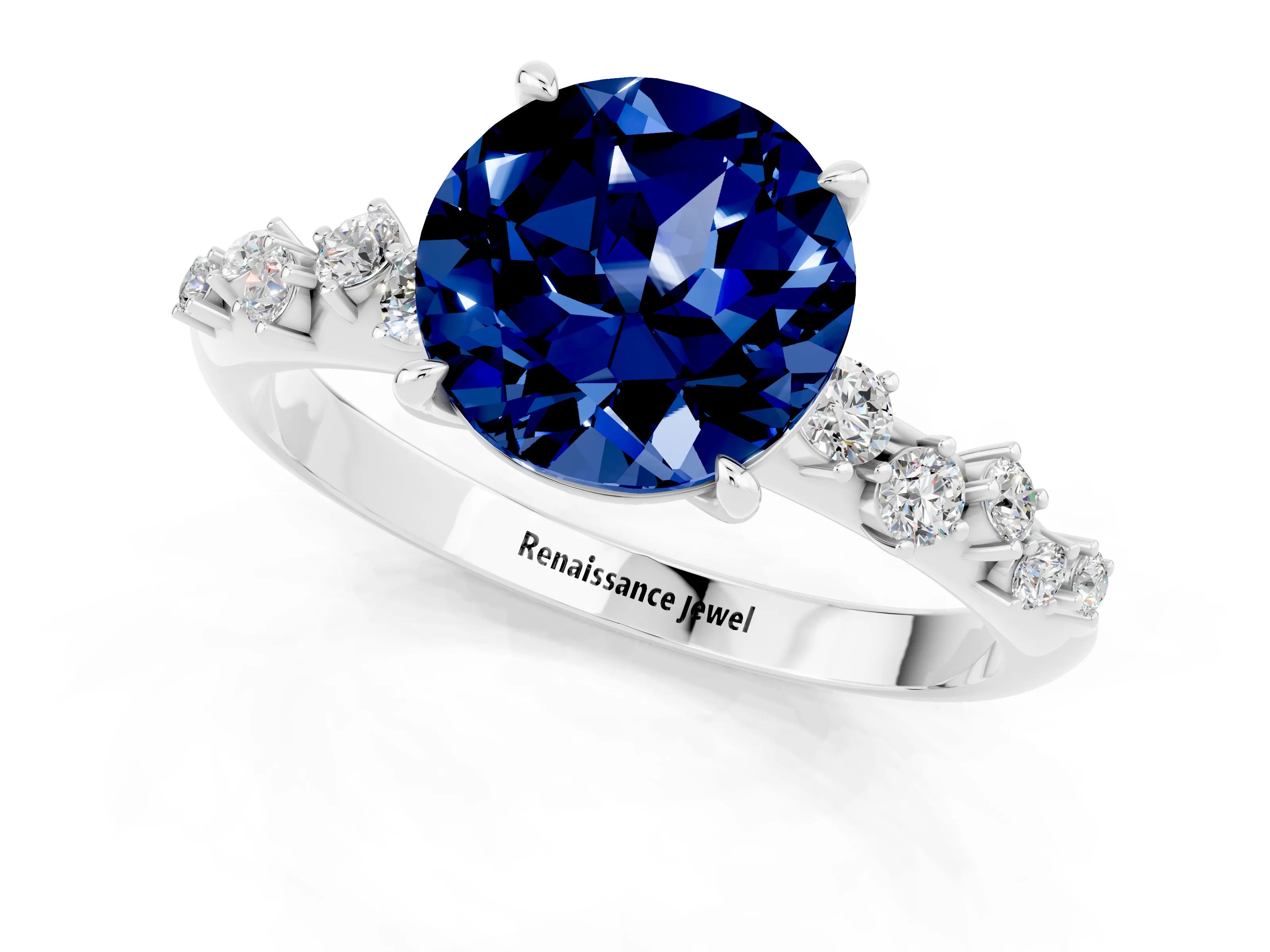 White gold Round Cut Blue Sapphire Cluster Side Stone Solitaire Ring with Prong Setting_25