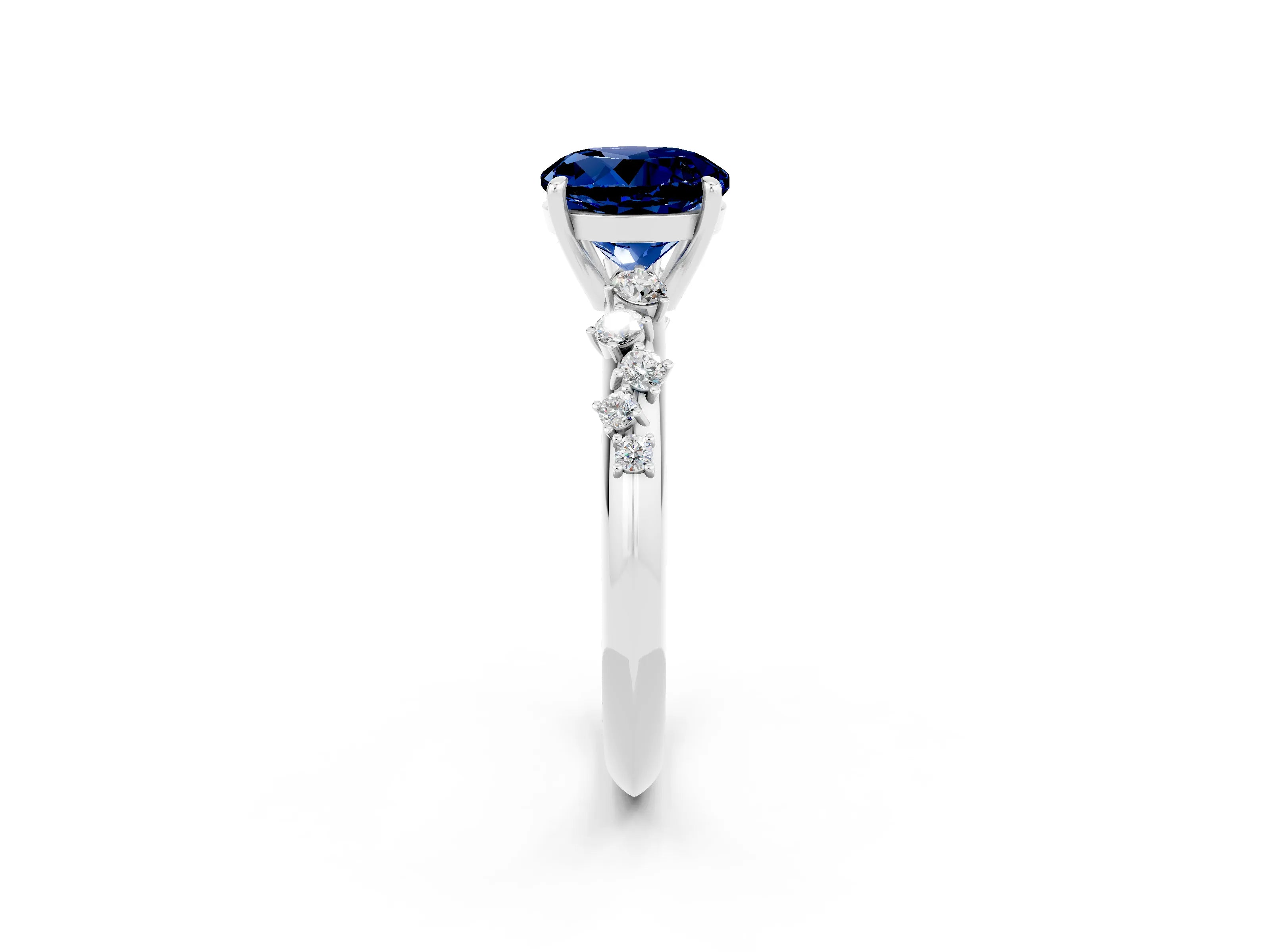 White gold Round Cut Blue Sapphire Cluster Side Stone Solitaire Ring with Prong Setting_26