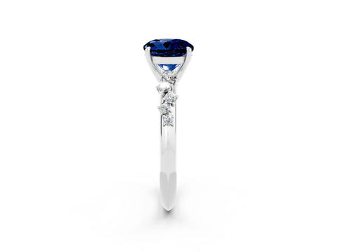 White gold Round Cut Blue Sapphire Cluster Side Stone Solitaire Ring with Prong Setting_26