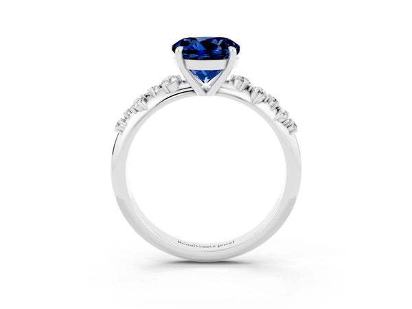 Platinum Round Cut Blue Sapphire Cluster Side Stone Solitaire Ring with Prong Setting