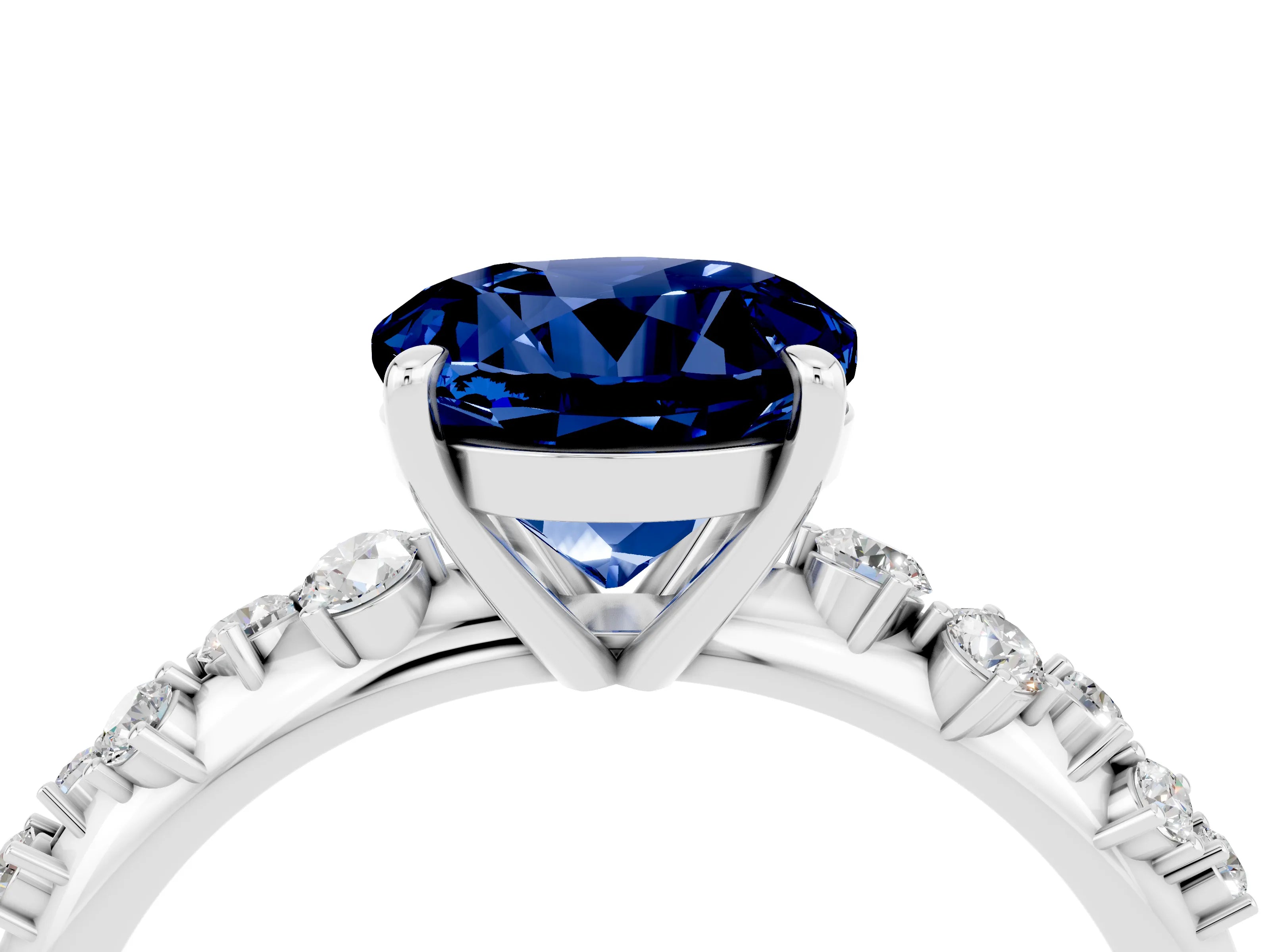 White gold Round Cut Blue Sapphire Cluster Side Stone Solitaire Ring with Prong Setting_28