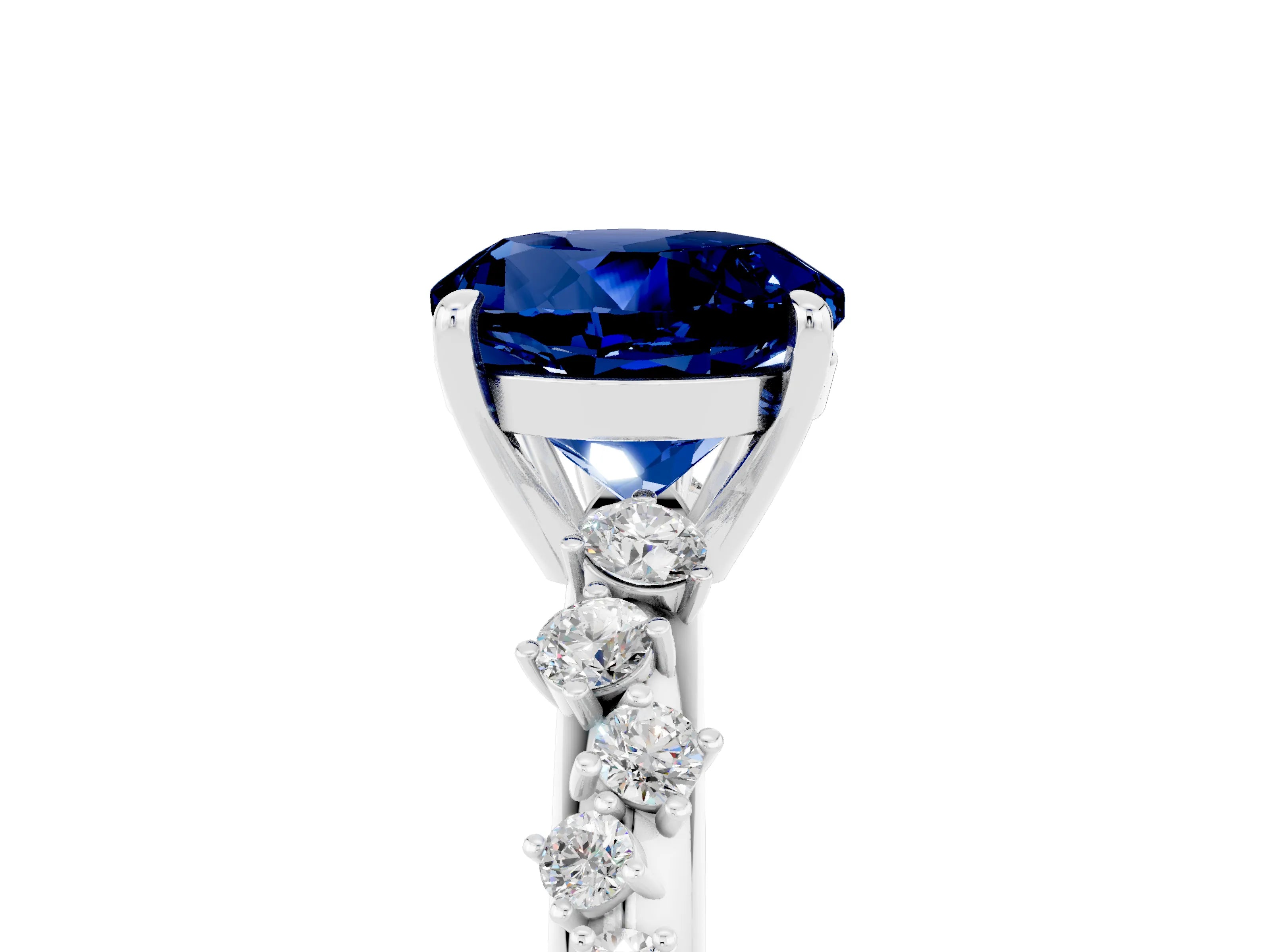 White gold Round Cut Blue Sapphire Cluster Side Stone Solitaire Ring with Prong Setting_29