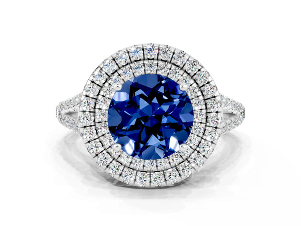 Platinum Round Cut Blue Sapphire Double Halo Ring with Pavé Band and Prong Setting