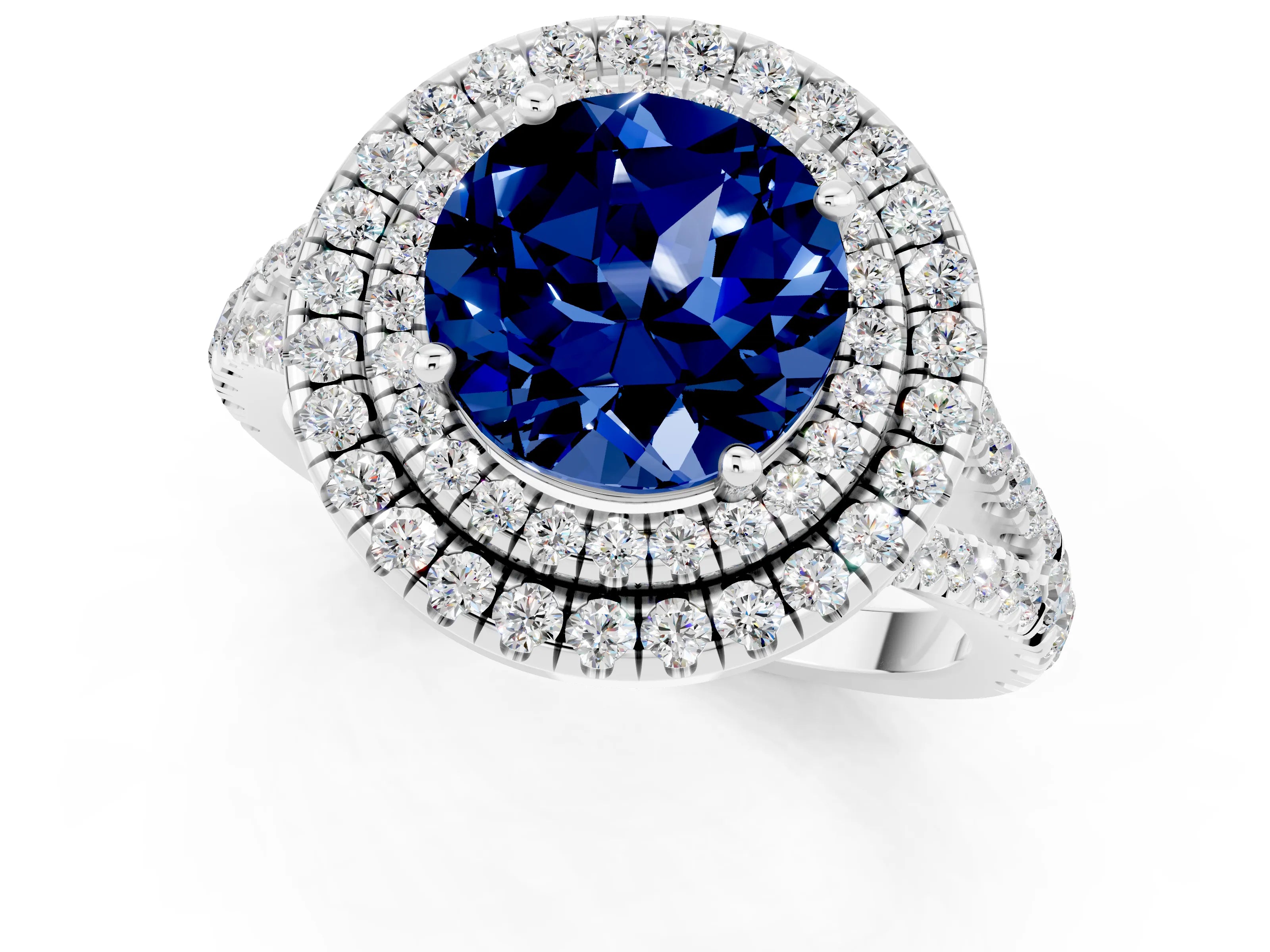 White gold Round Cut Blue Sapphire Double Halo Ring with Pavé Band and Prong Setting_13