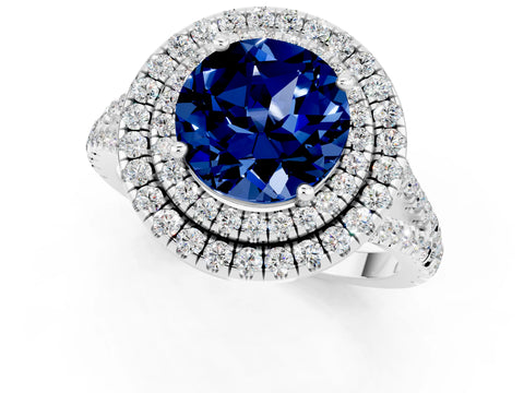White gold Round Cut Blue Sapphire Double Halo Ring with Pavé Band and Prong Setting_13