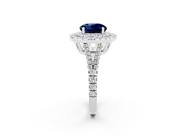 Platinum Round Cut Blue Sapphire Double Halo Ring with Pavé Band and Prong Setting