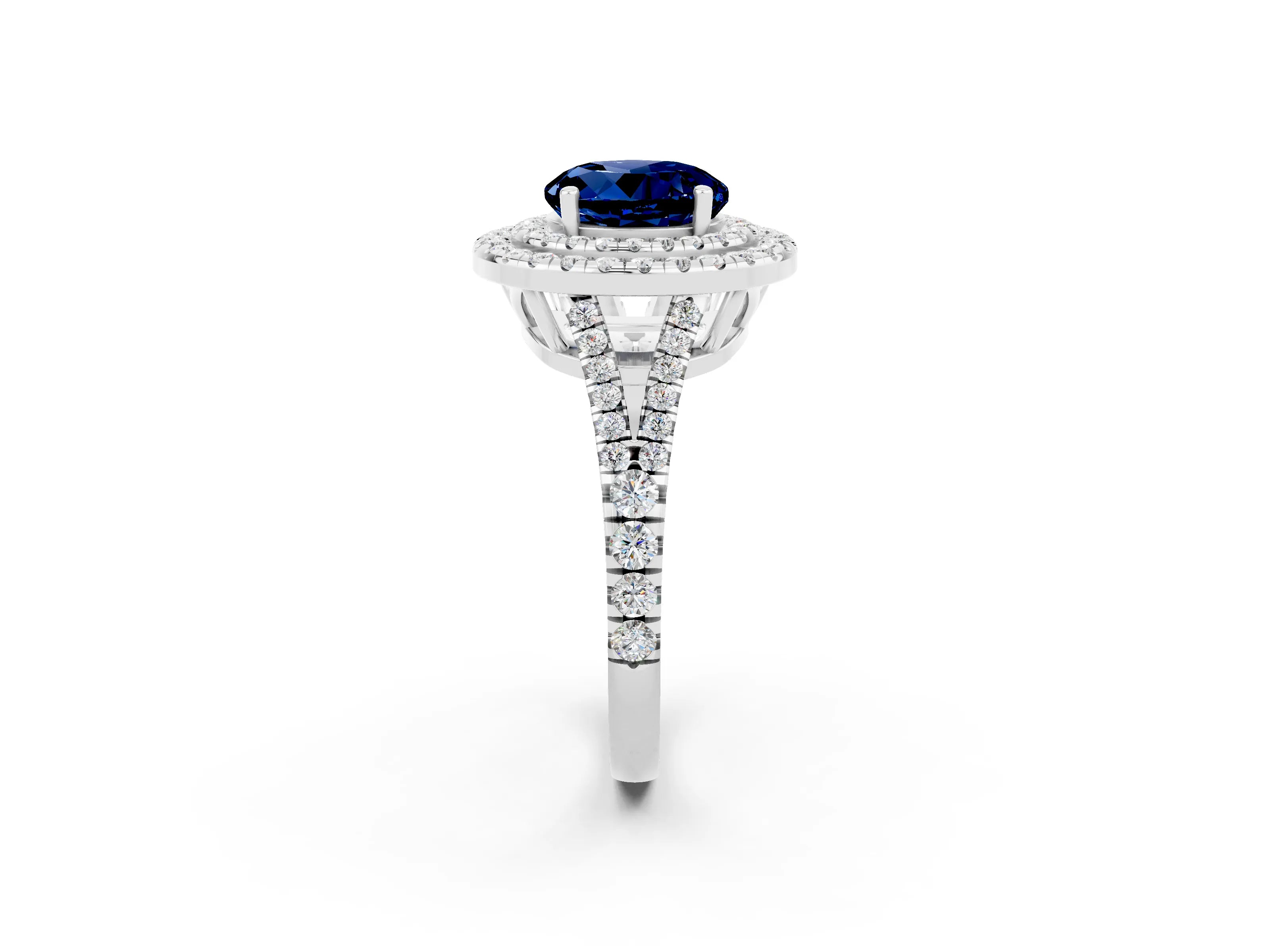 White gold Round Cut Blue Sapphire Double Halo Ring with Pavé Band and Prong Setting_14