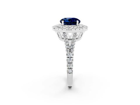 White gold Round Cut Blue Sapphire Double Halo Ring with Pavé Band and Prong Setting_14