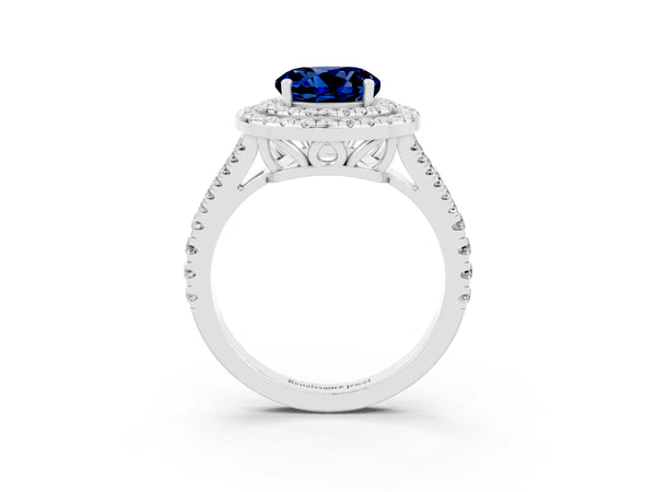 Platinum Round Cut Blue Sapphire Double Halo Ring with Pavé Band and Prong Setting
