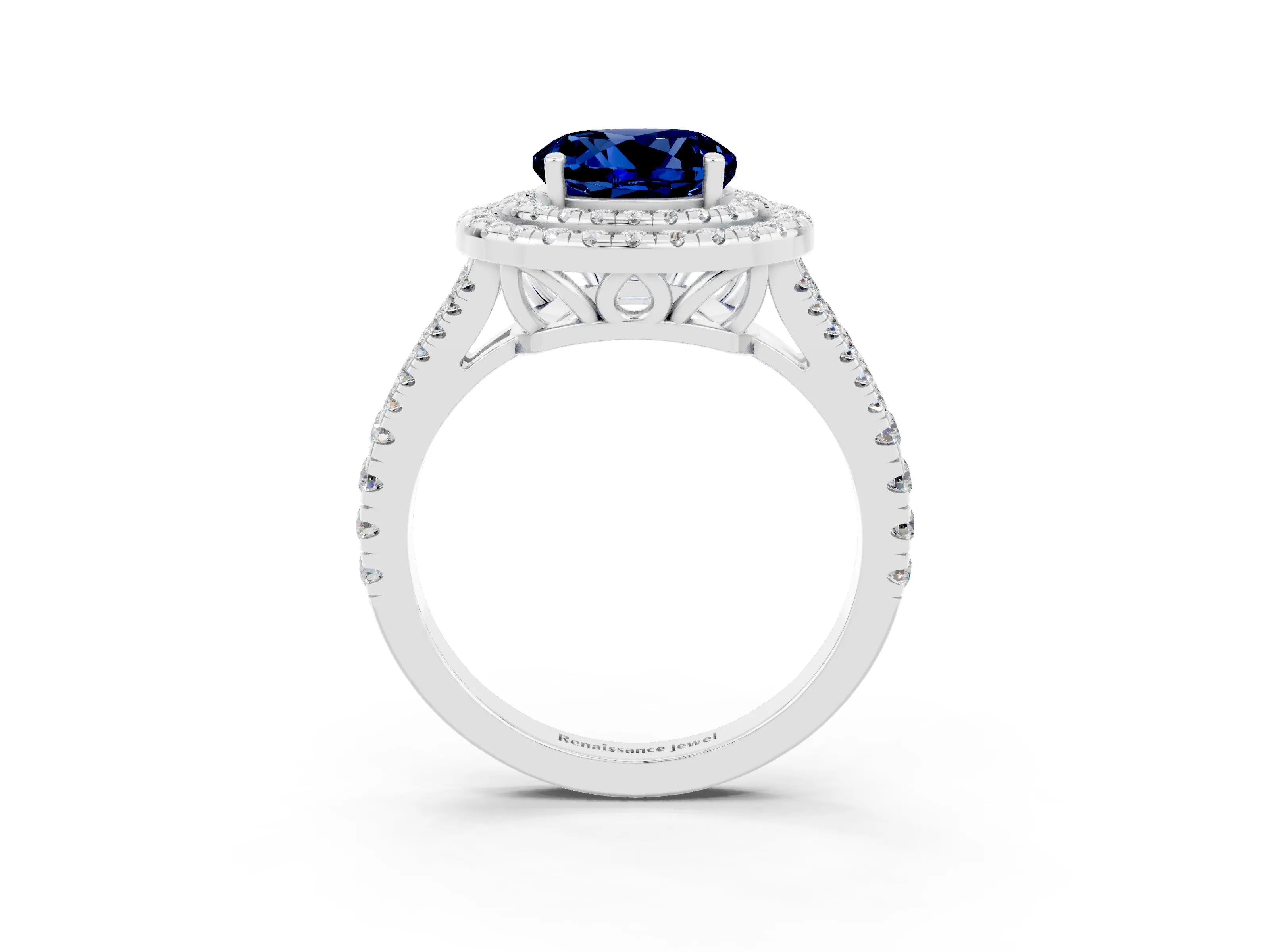 White gold Round Cut Blue Sapphire Double Halo Ring with Pavé Band and Prong Setting_15