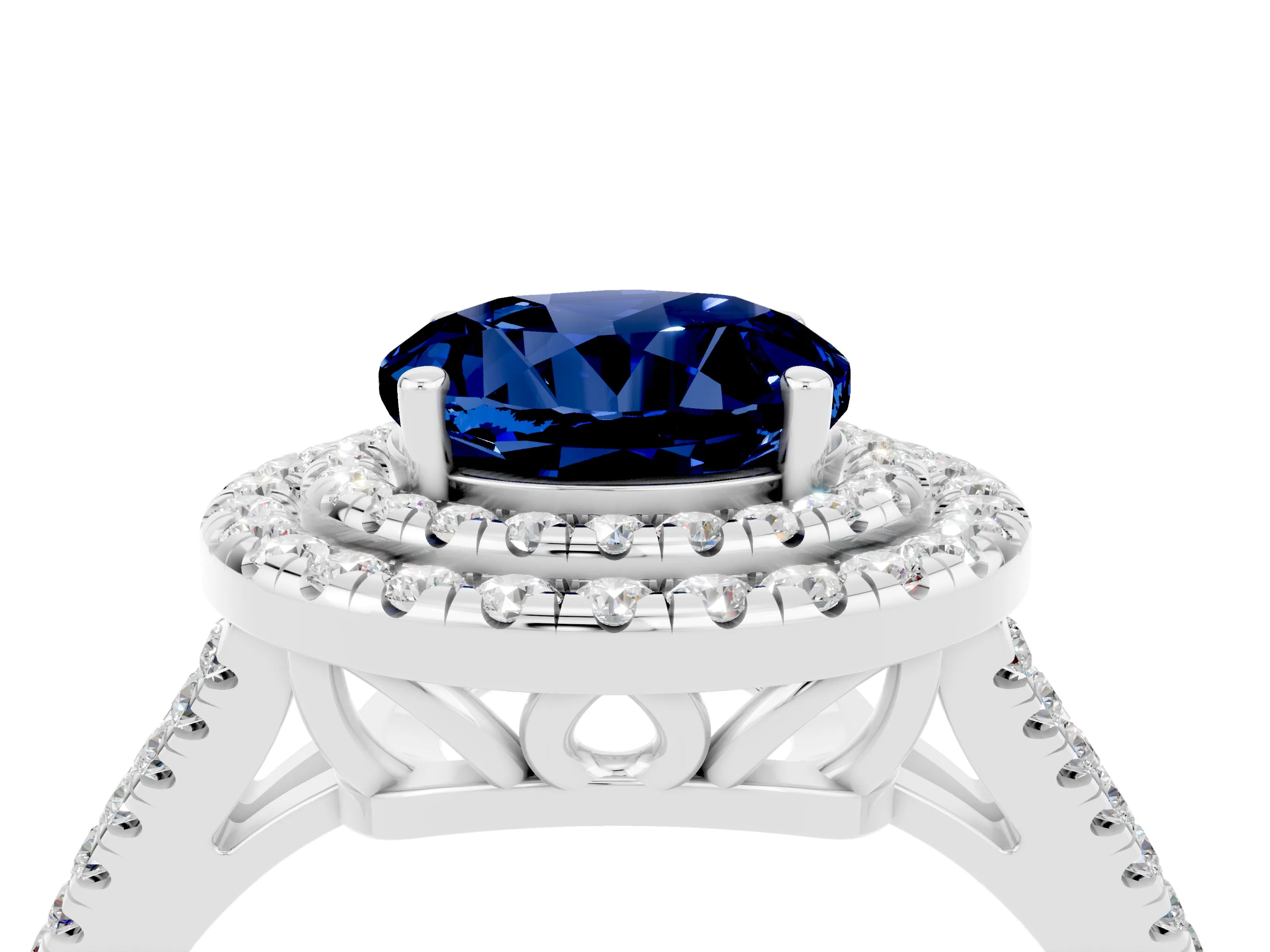 White gold Round Cut Blue Sapphire Double Halo Ring with Pavé Band and Prong Setting_16
