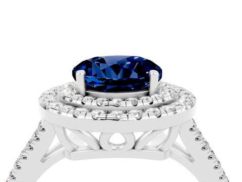 White gold Round Cut Blue Sapphire Double Halo Ring with Pavé Band and Prong Setting_16