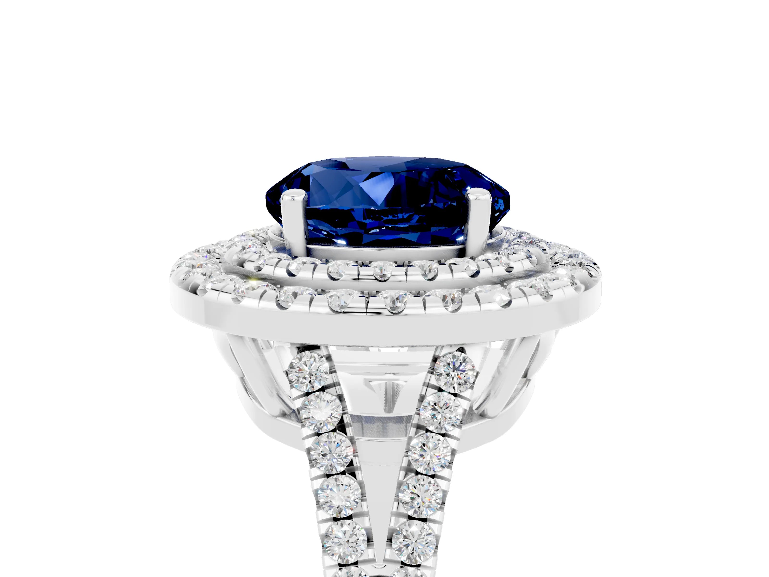 White gold Round Cut Blue Sapphire Double Halo Ring with Pavé Band and Prong Setting_17
