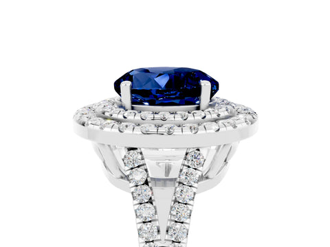 White gold Round Cut Blue Sapphire Double Halo Ring with Pavé Band and Prong Setting_17