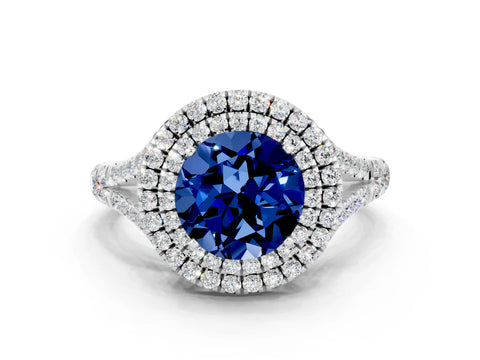 White gold Round Cut Blue Sapphire Double Halo Ring with Split Shank and Prong Setting_12