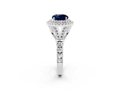 White gold Round Cut Blue Sapphire Double Halo Ring with Split Shank and Prong Setting_14