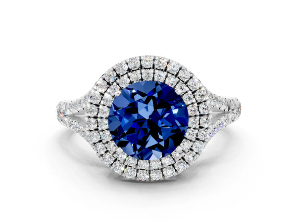 Platinum Round Cut Blue Sapphire Double Halo Ring with Split Shank and Prong Setting