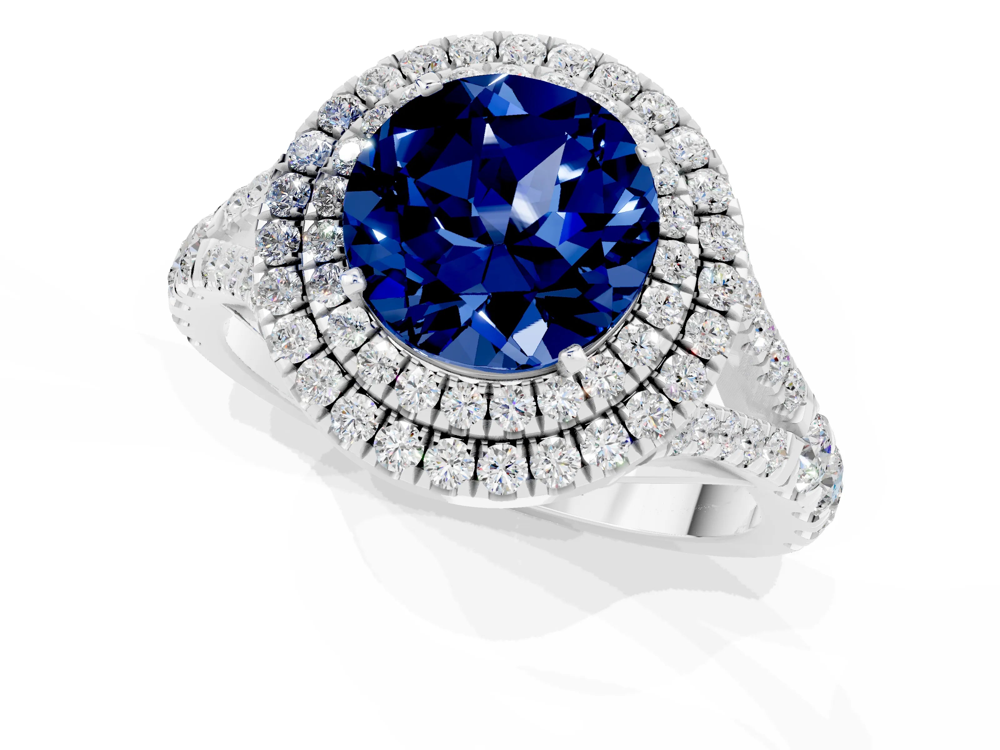 White gold Round Cut Blue Sapphire Double Halo Ring with Split Shank and Prong Setting_20