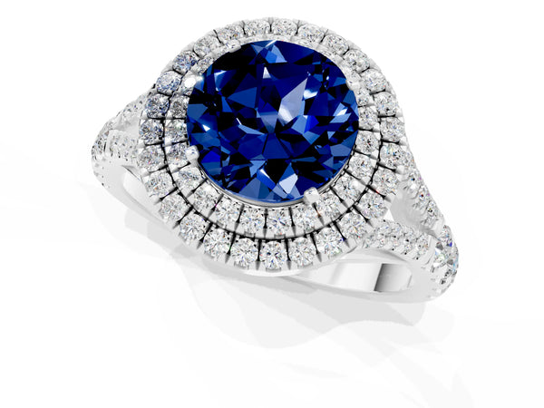 Platinum Round Cut Blue Sapphire Double Halo Ring with Split Shank and Prong Setting