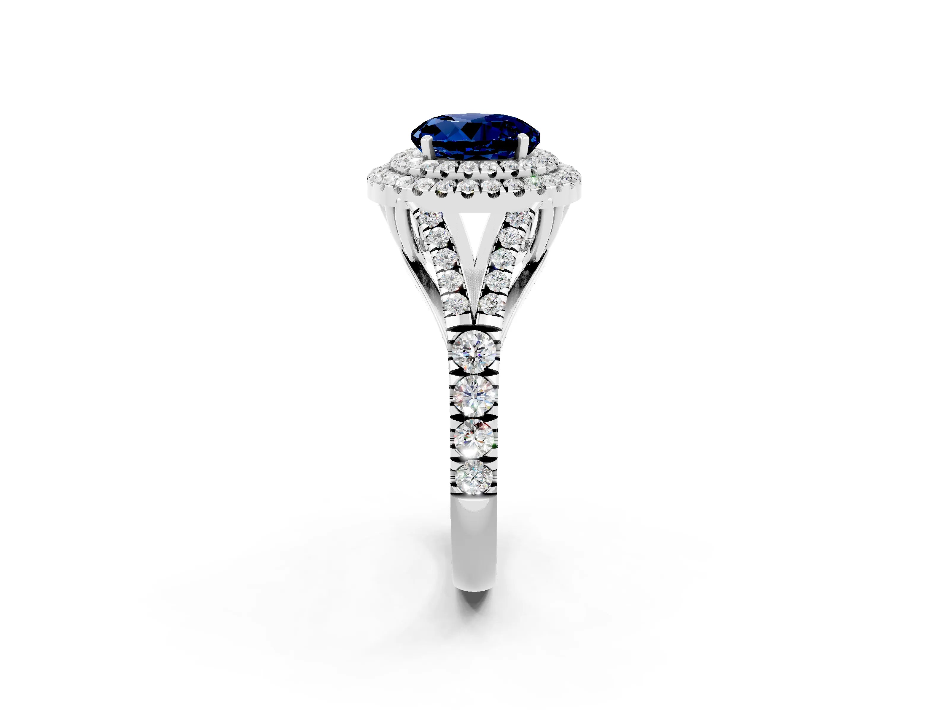 White gold Round Cut Blue Sapphire Double Halo Ring with Split Shank and Prong Setting_21