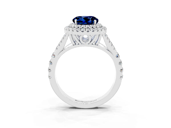 Silver Round Cut Blue Sapphire Double Halo Ring with Split Shank and Prong Setting