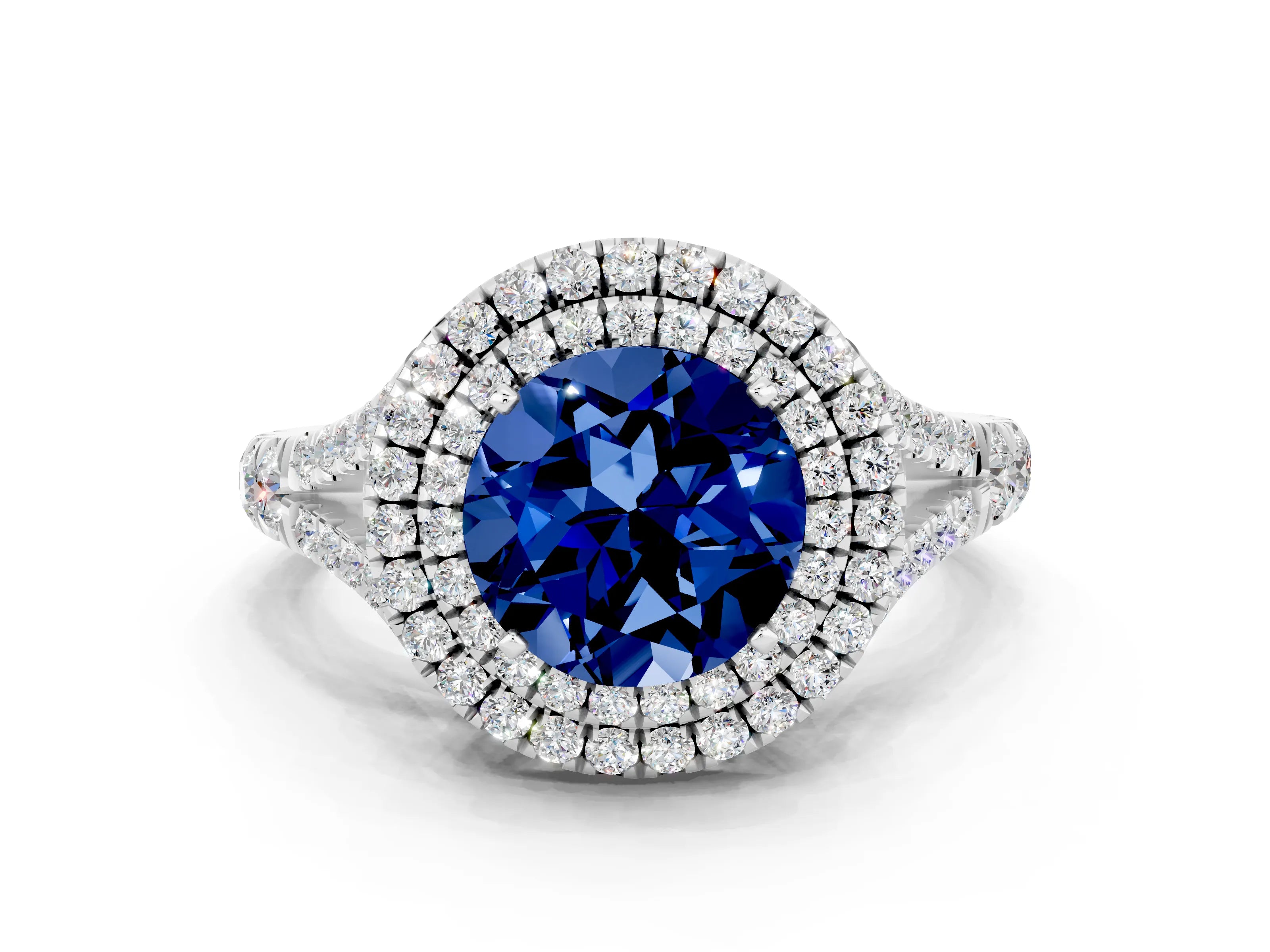 White gold Round Cut Blue Sapphire Double Halo Ring with Split Shank and Prong Setting_24