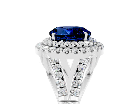 White gold Round Cut Blue Sapphire Double Halo Ring with Split Shank and Prong Setting_24