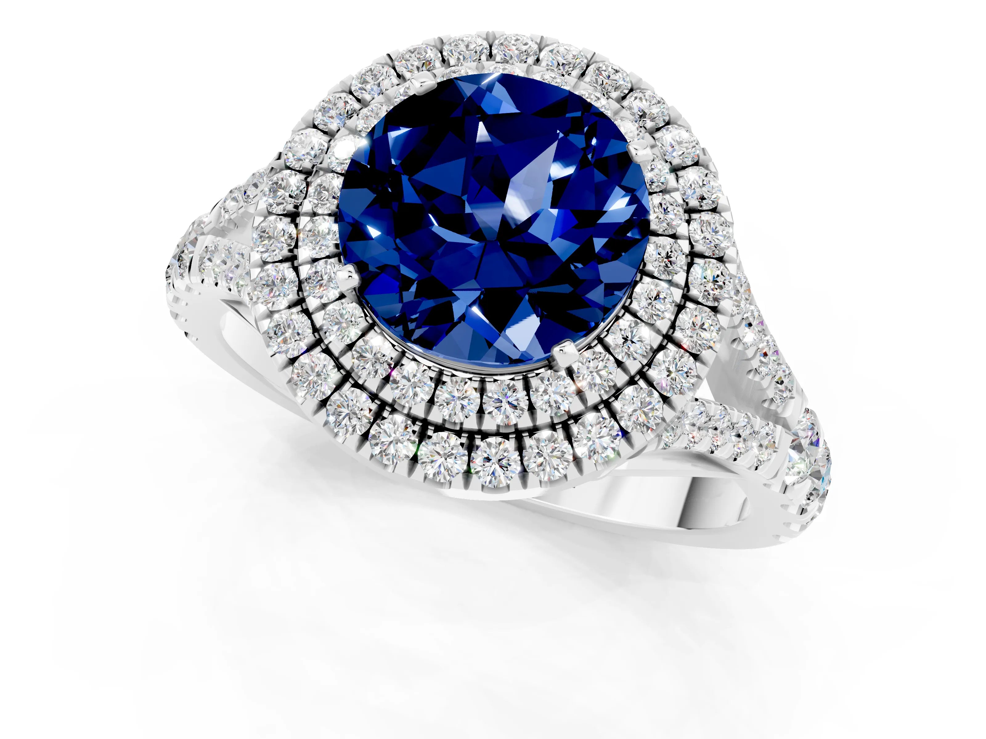 White gold Round Cut Blue Sapphire Double Halo Ring with Split Shank and Prong Setting_25