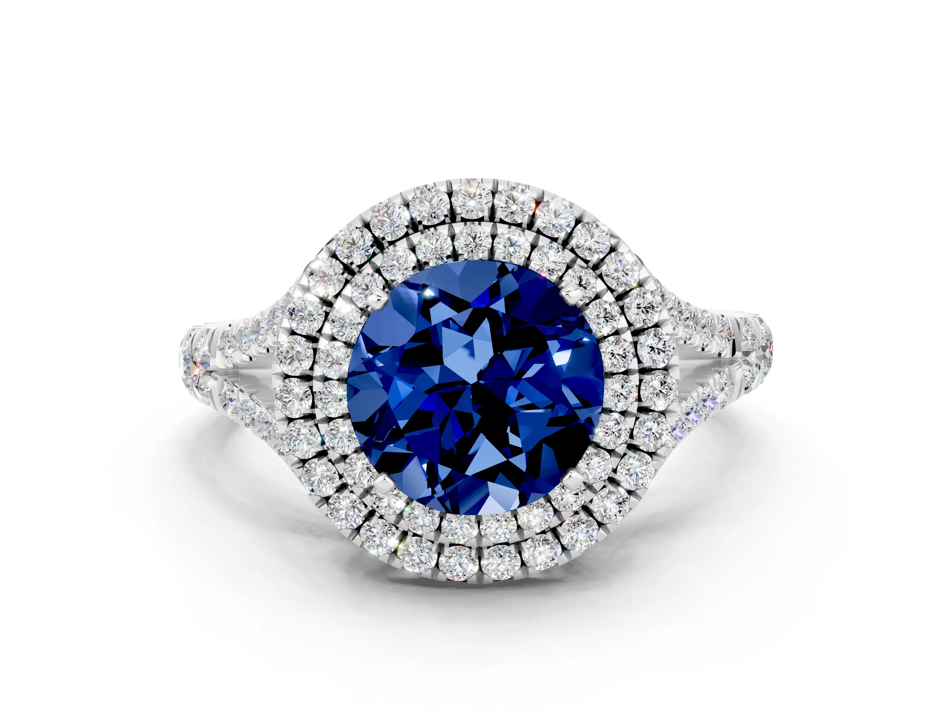 White gold Round Cut Blue Sapphire Double Halo Ring with Split Shank and Prong Setting_30