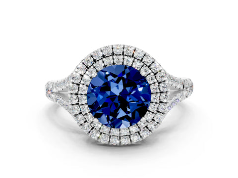 White gold Round Cut Blue Sapphire Double Halo Ring with Split Shank and Prong Setting_30