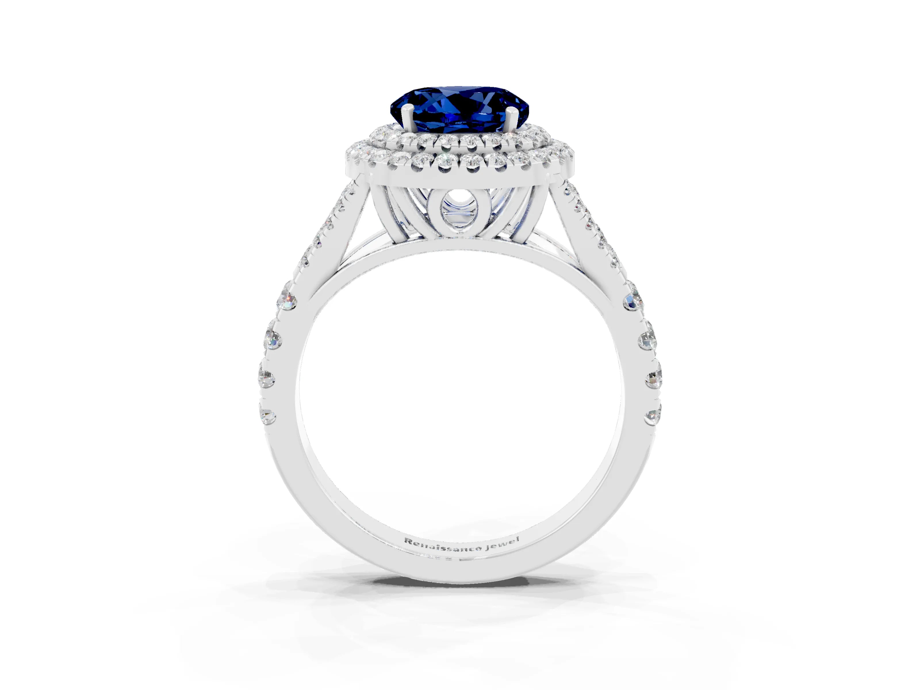 White gold Round Cut Blue Sapphire Double Halo Ring with Split Shank and Prong Setting_33