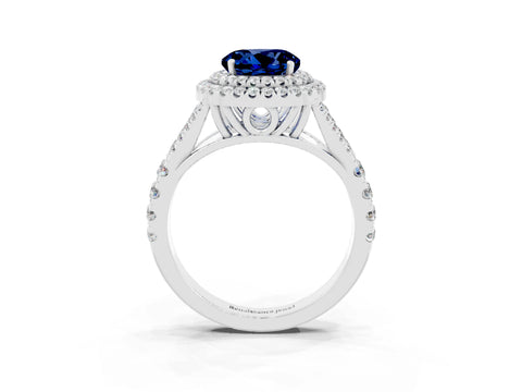 White gold Round Cut Blue Sapphire Double Halo Ring with Split Shank and Prong Setting_33
