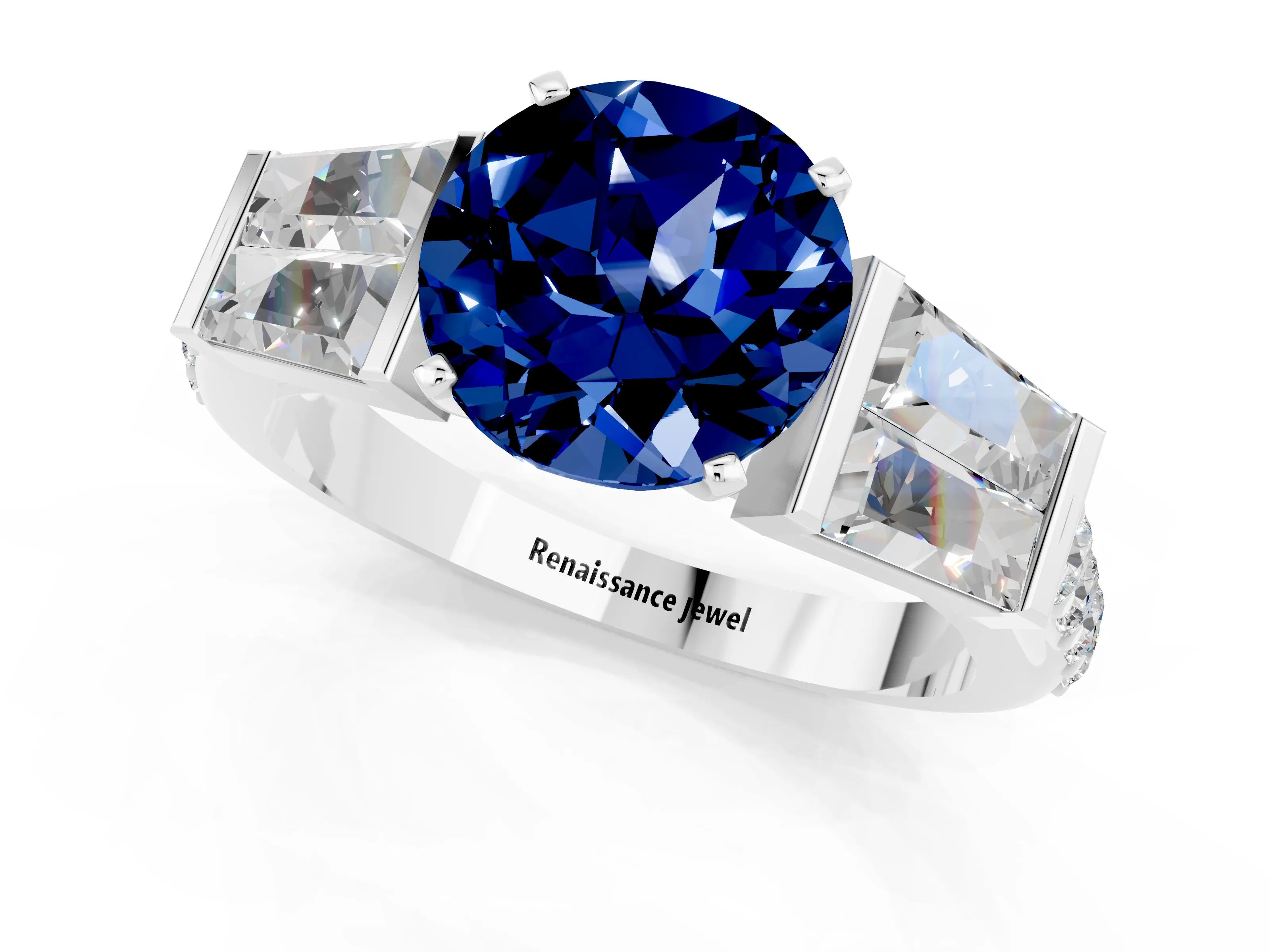 White gold Round Cut Blue Sapphire Engagement Ring with Baguette Side Stones and Channel Set Band_1
