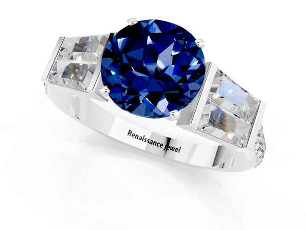 White gold Round Cut Blue Sapphire Engagement Ring with Baguette Side Stones and Channel Set Band