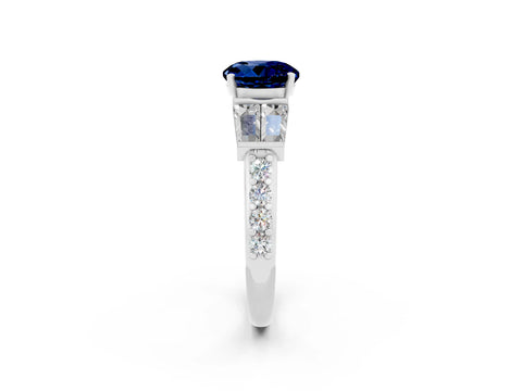White gold Round Cut Blue Sapphire Engagement Ring with Baguette Side Stones and Channel Set Band_2