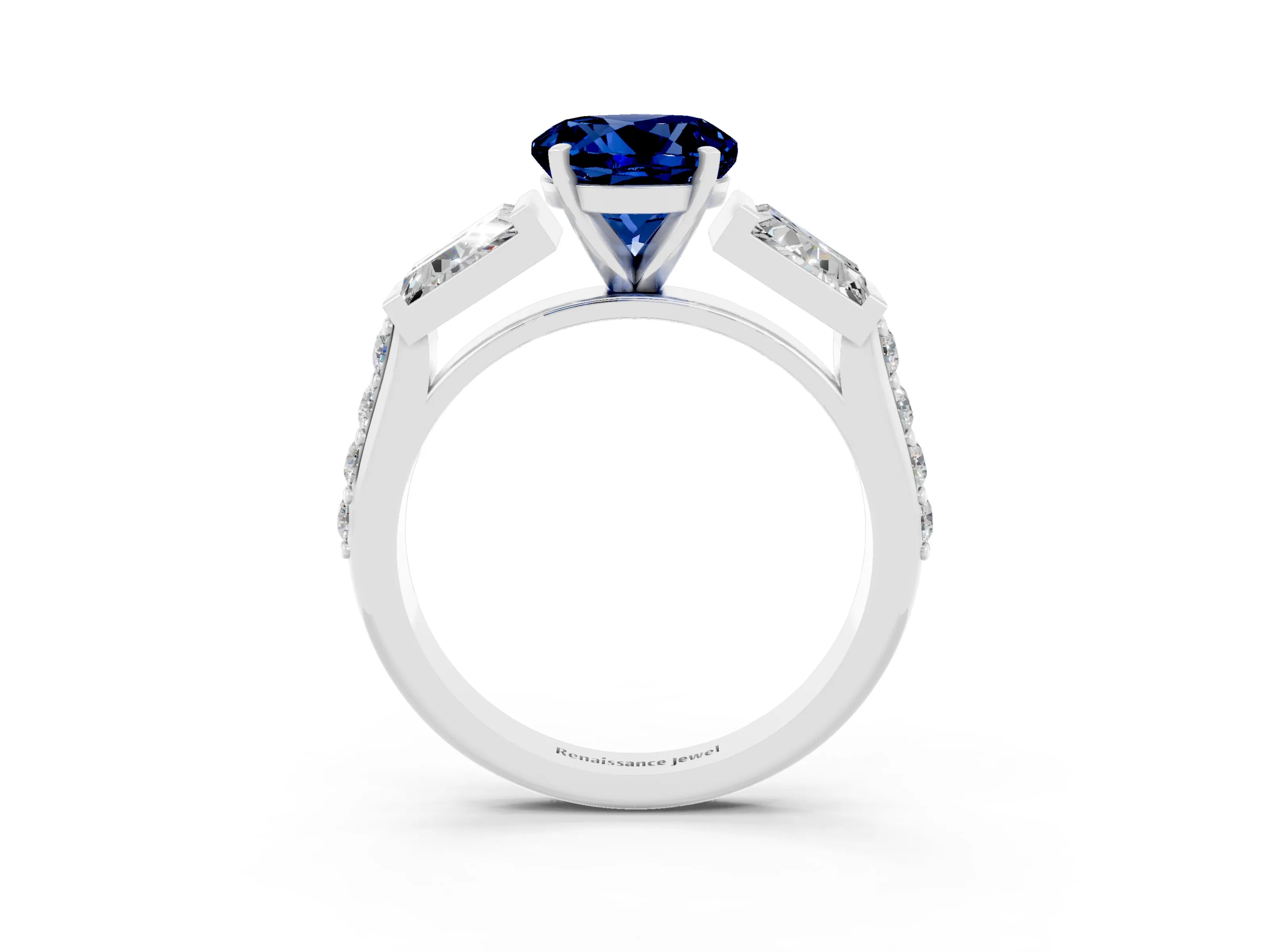 White gold Round Cut Blue Sapphire Engagement Ring with Baguette Side Stones and Channel Set Band_3