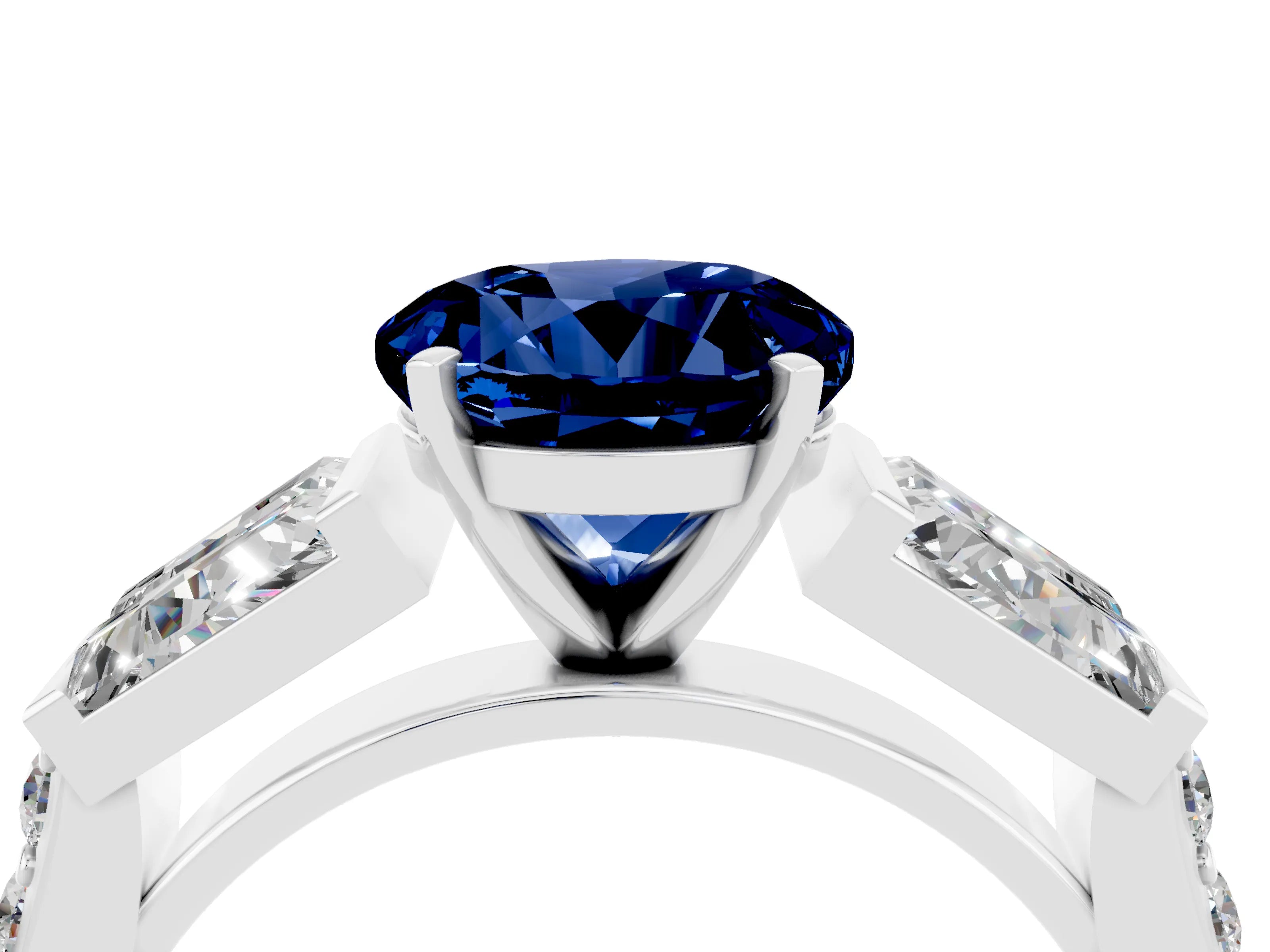 White gold Round Cut Blue Sapphire Engagement Ring with Baguette Side Stones and Channel Set Band_4