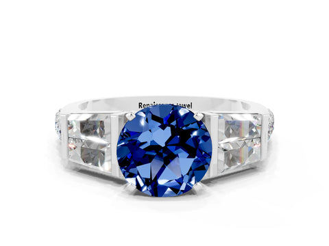 White gold Round Cut Blue Sapphire Engagement Ring with Baguette Side Stones and Channel Set Band