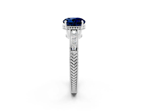 Platinum Round Cut Blue Sapphire Engagement Ring with Milgrain Channel Set Band and Prong Setting