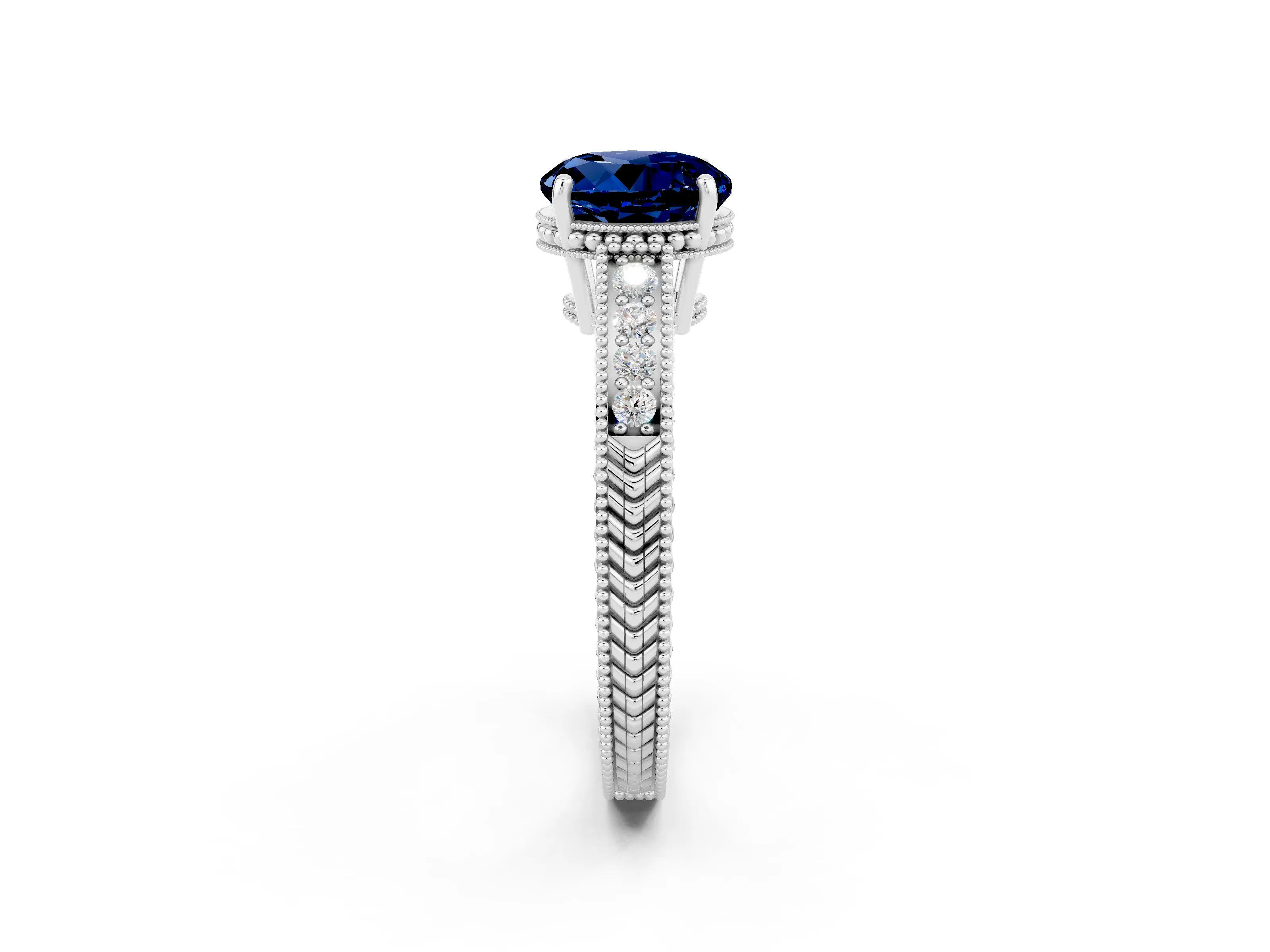 White gold Round Cut Blue Sapphire Engagement Ring with Milgrain Channel Set Band and Prong Setting_2