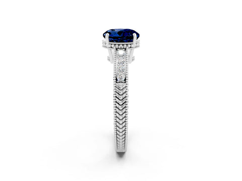 White gold Round Cut Blue Sapphire Engagement Ring with Milgrain Channel Set Band and Prong Setting_2