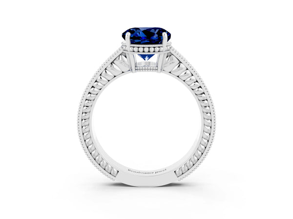 Platinum Round Cut Blue Sapphire Engagement Ring with Milgrain Channel Set Band and Prong Setting