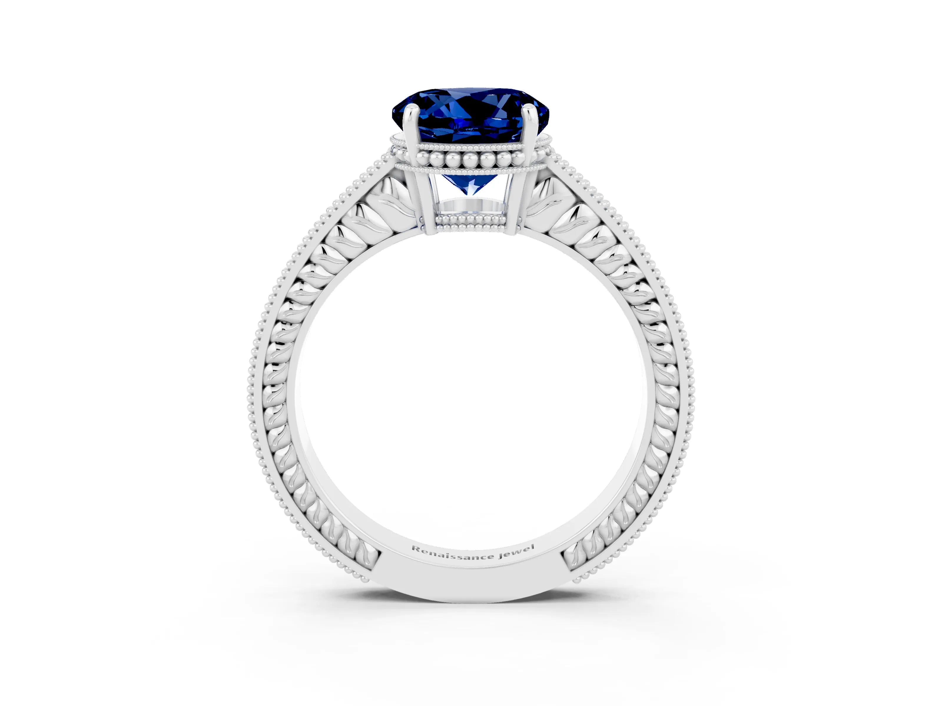 White gold Round Cut Blue Sapphire Engagement Ring with Milgrain Channel Set Band and Prong Setting_3