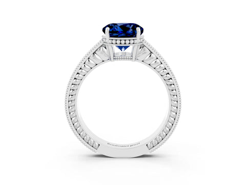 White gold Round Cut Blue Sapphire Engagement Ring with Milgrain Channel Set Band and Prong Setting_3