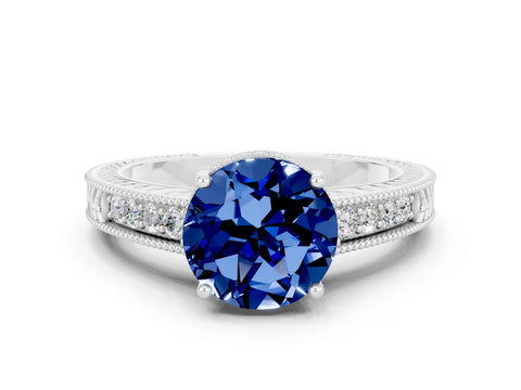 White gold Round Cut Blue Sapphire Engagement Ring with Milgrain Channel Set Band and Prong Setting